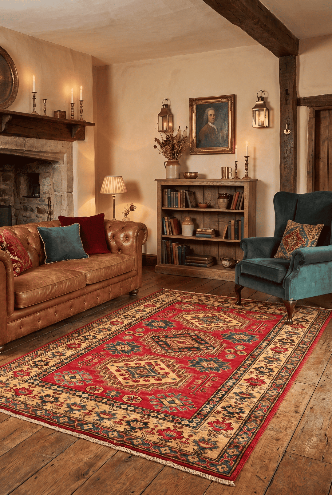 Medallion detail in red and gold on Kazak rug