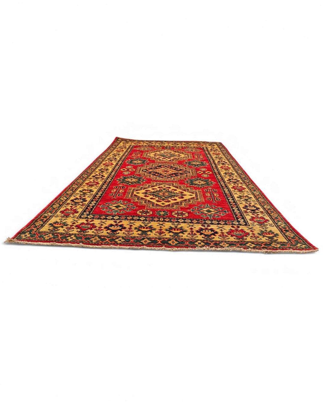 Red gold medallion Kazak rug 121×182cm, bold geometry