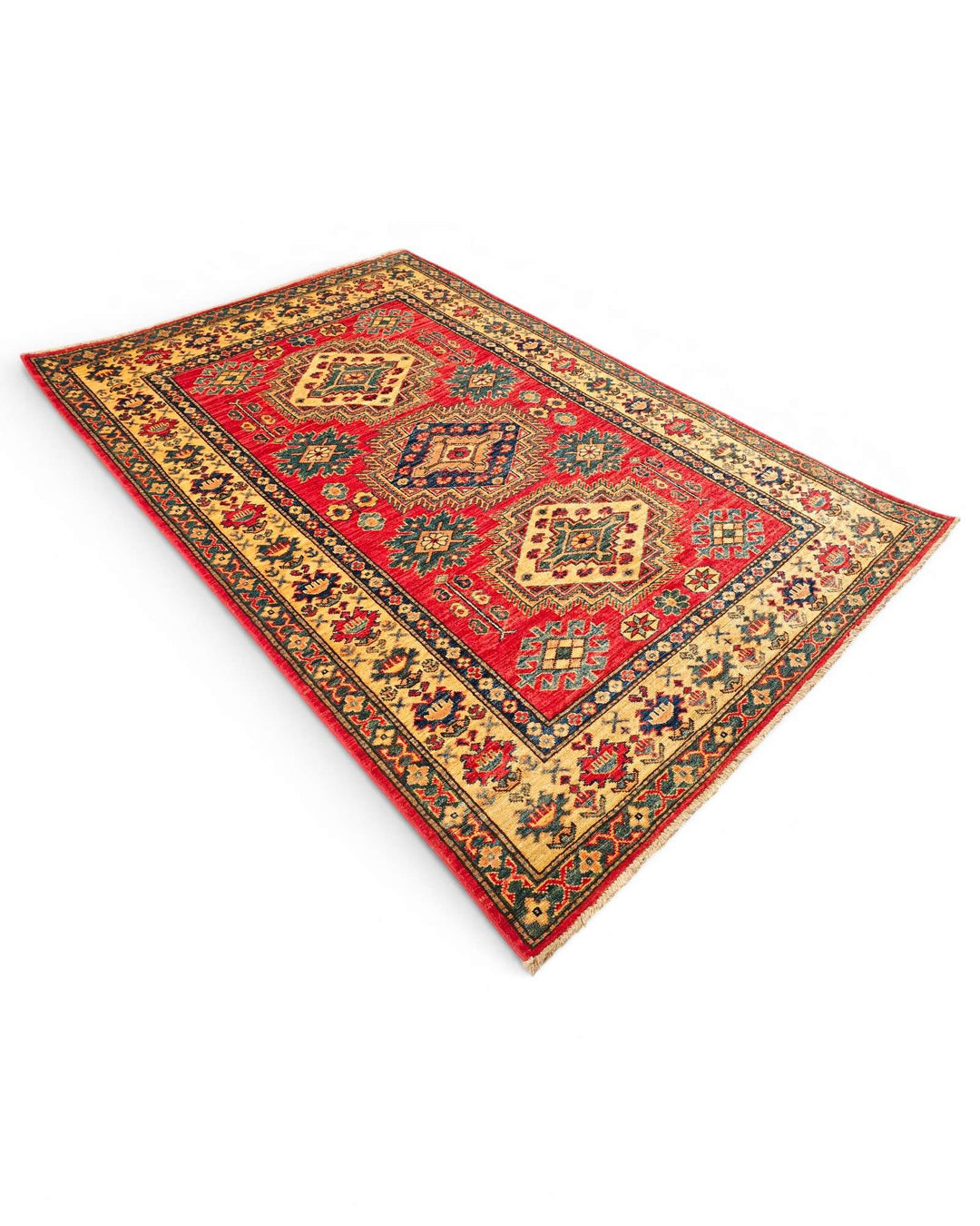 One-of-a-kind red and gold medallion Kazak rug