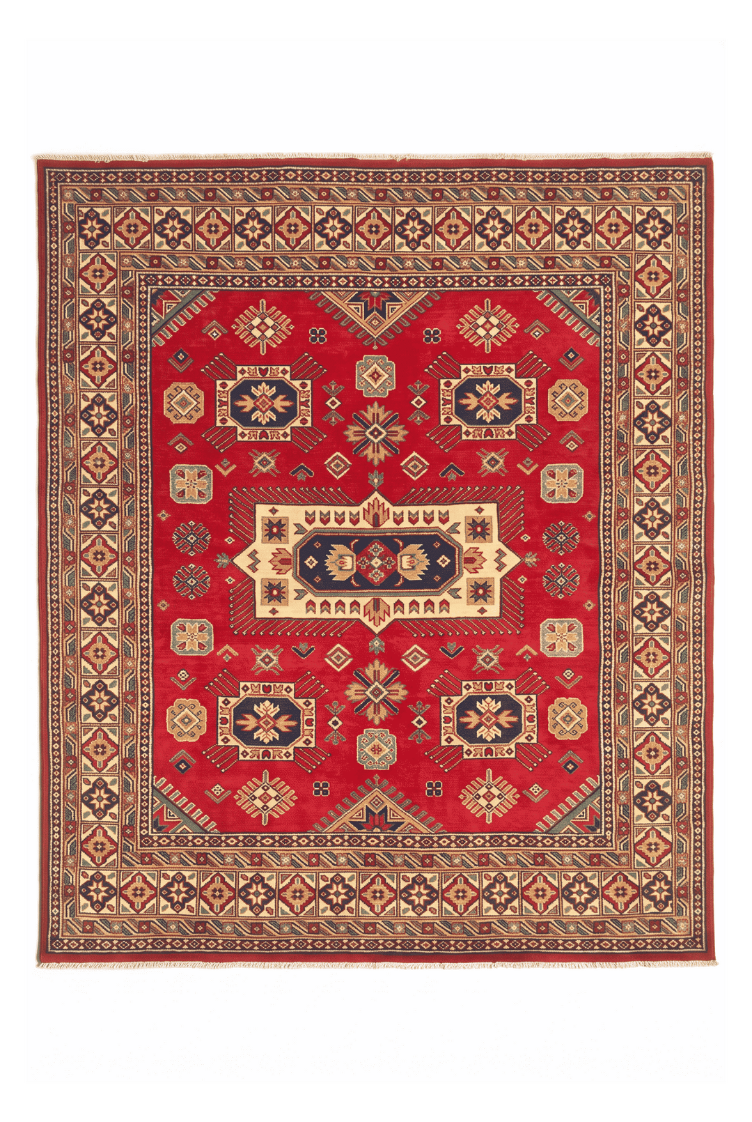 Red and ivory Kazak medallion Afghan Sherwan square rug, 159×165cm, 2 tatami