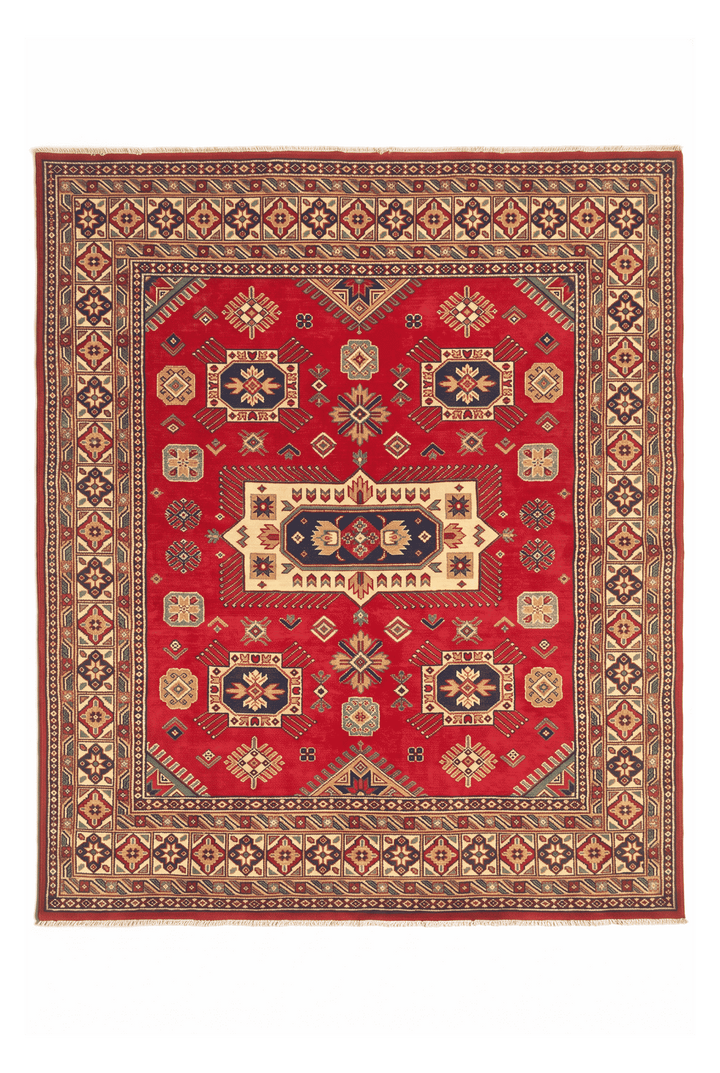 Red and ivory Kazak medallion Afghan Sherwan square rug, 159×165cm, 2 tatami