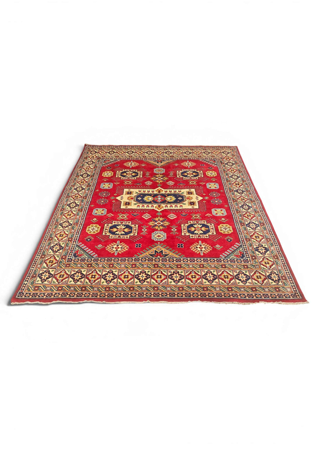 Border detail of red and ivory Kazak hand-knotted square rug
