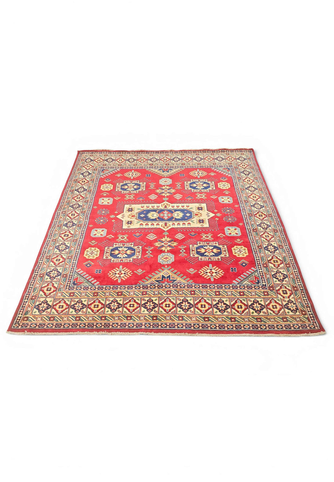 Hand-knotted wool pile of red Kazak square rug, 159×165cm