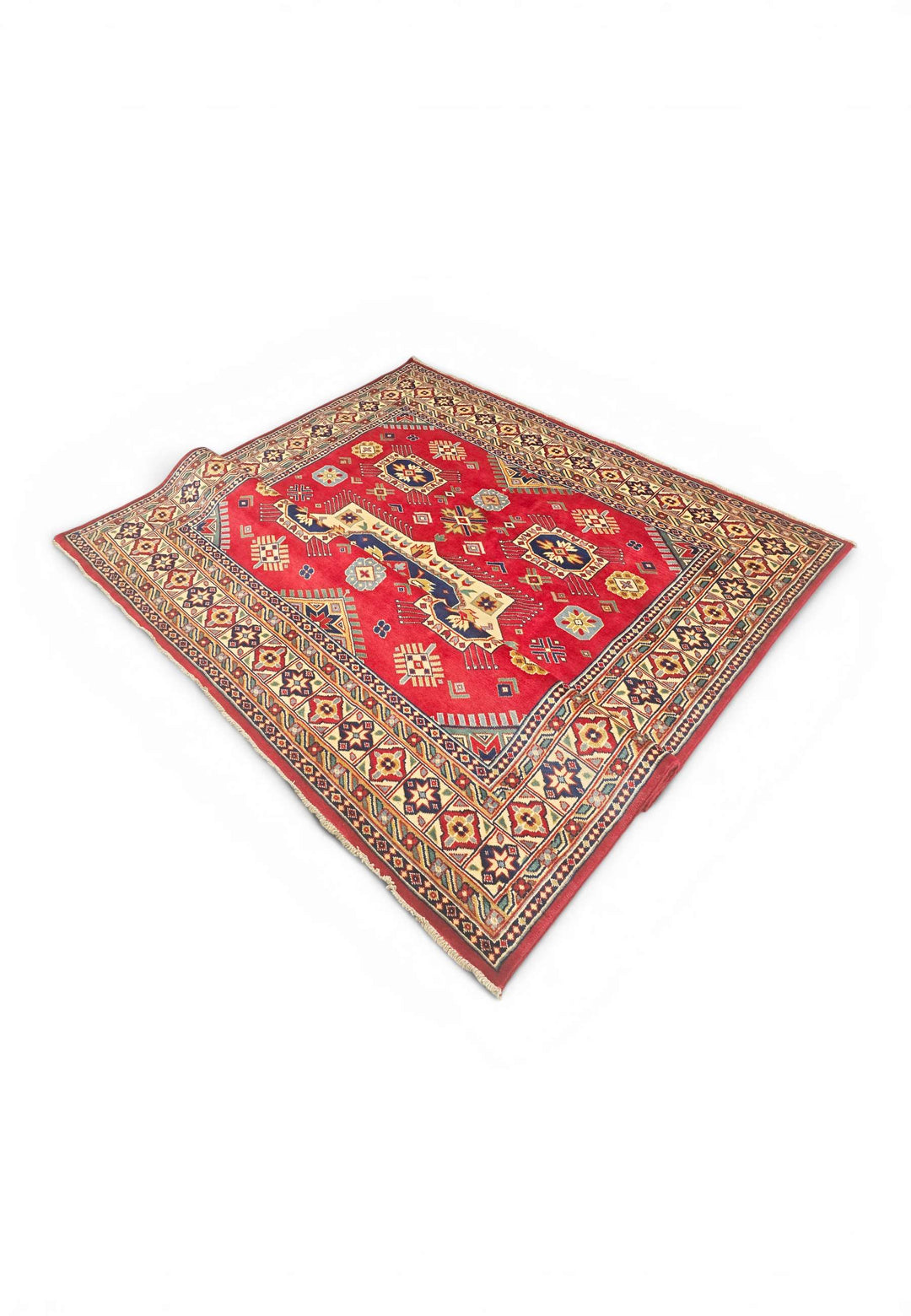 One-of-a-kind red and ivory Kazak medallion Afghan square rug