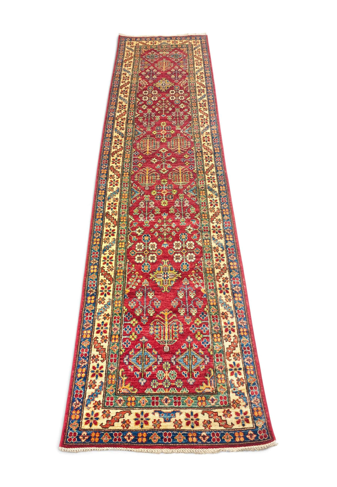 Border detail of red ivory Kazak hand-knotted runner