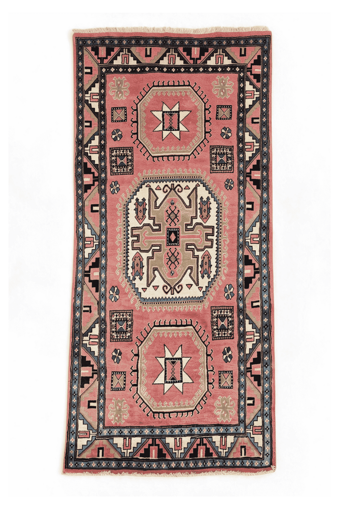Rose and ivory star and cross medallion Kazak rug, 86×170cm