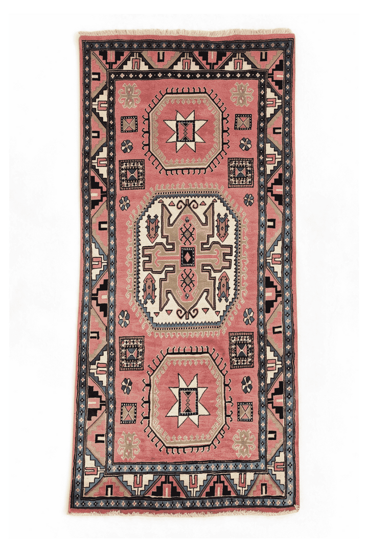 Rose and ivory star and cross medallion Kazak rug, 86×170cm