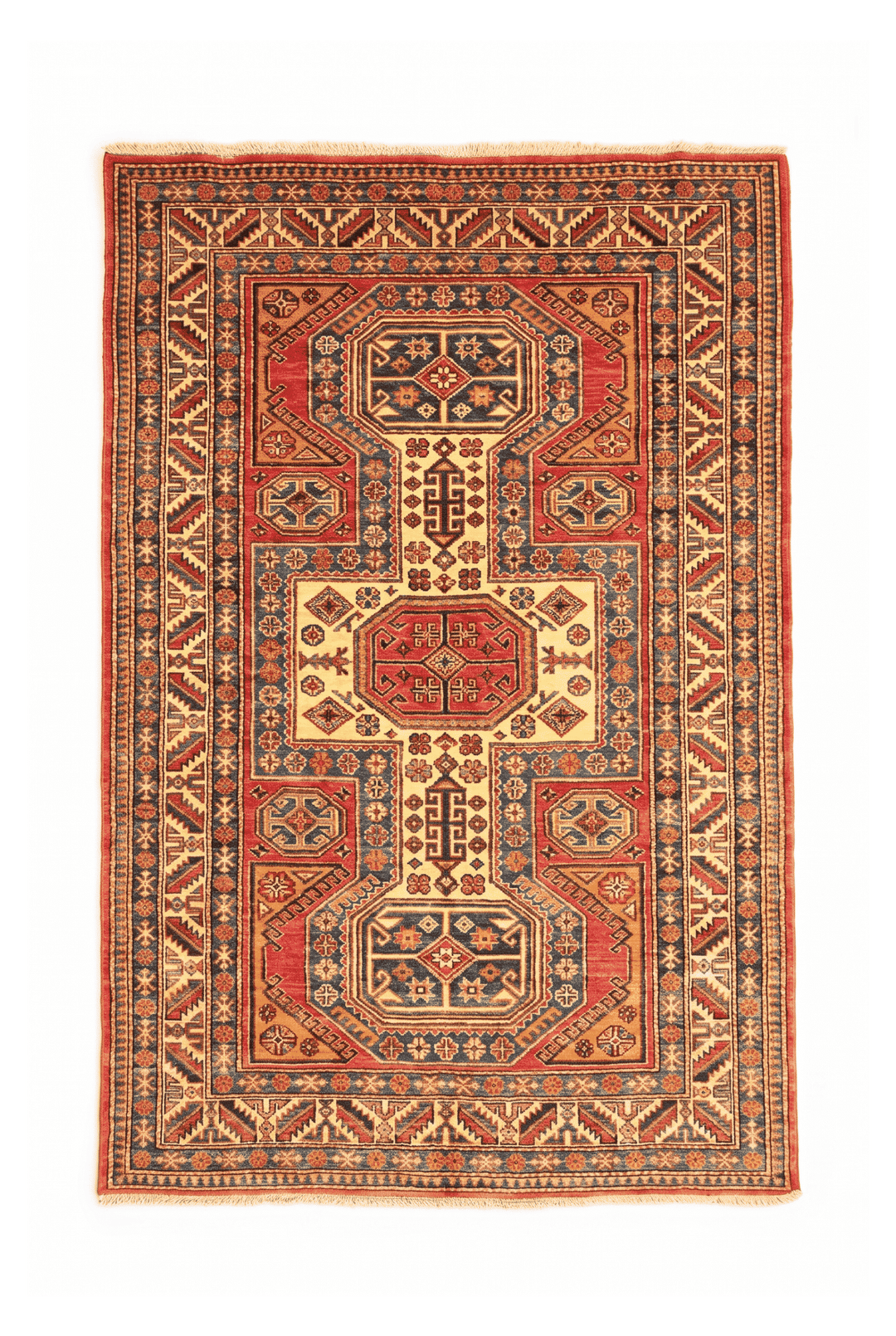 Red and gold octagon Kazak rug, 127×178cm, about 1.5 tatami