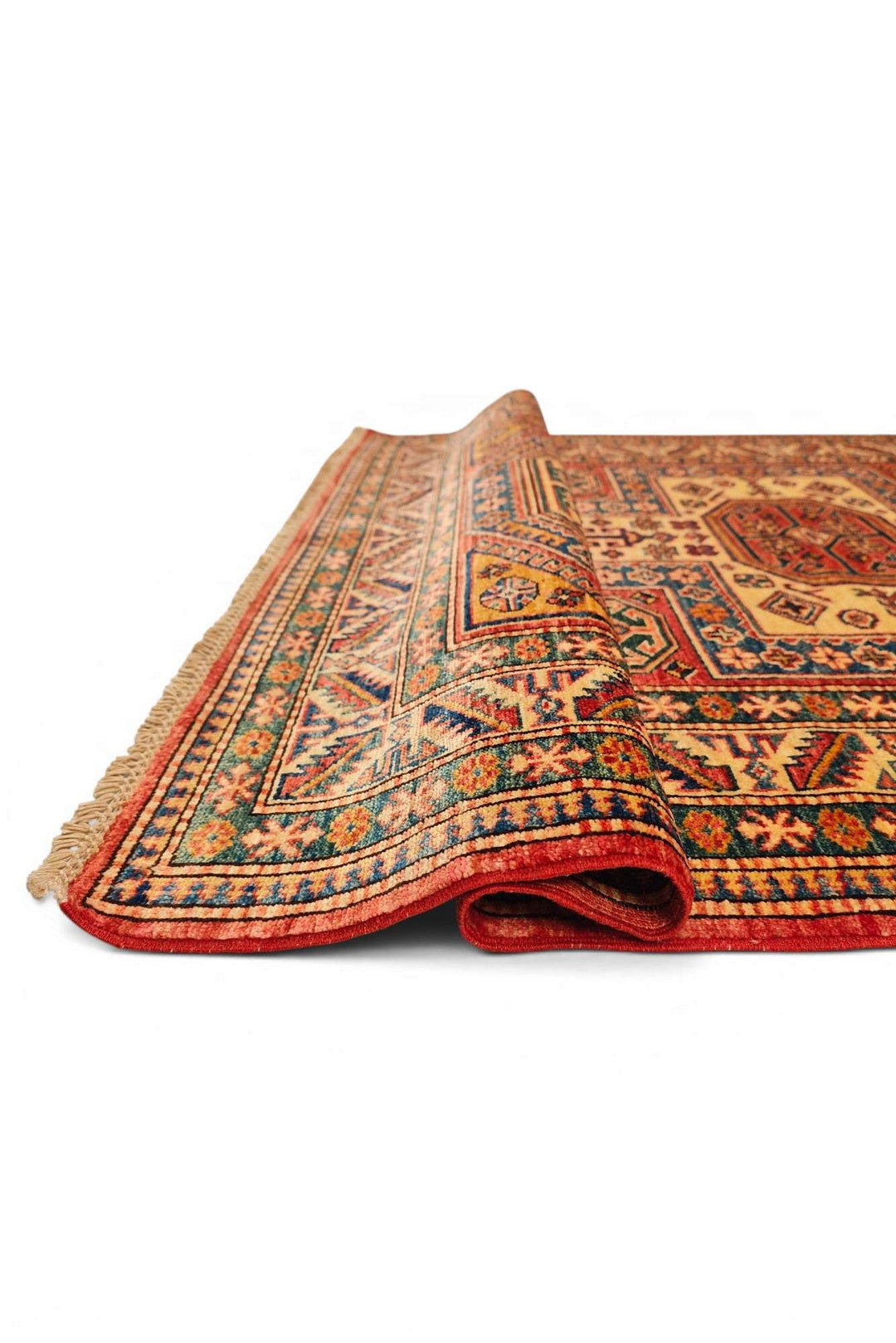Red and gold octagon Kazak wool rug, hand-knotted
