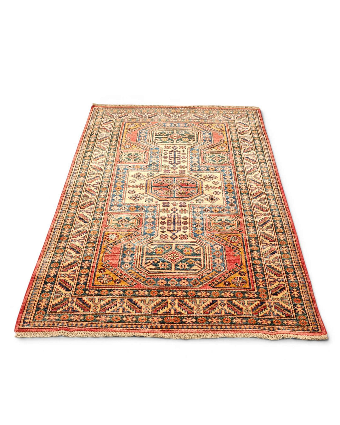 One-of-a-kind red and gold octagon Kazak rug