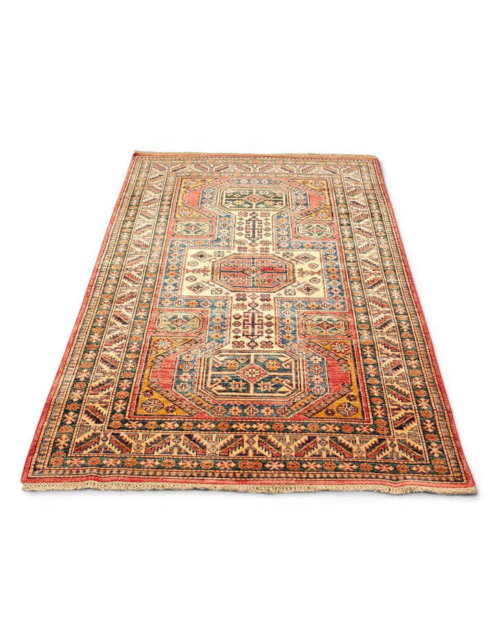 One-of-a-kind red and gold octagon Kazak rug