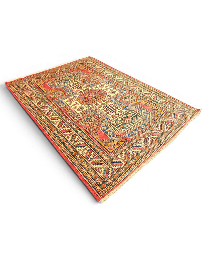 Fringe of red gold octagon Kazak hand-knotted rug