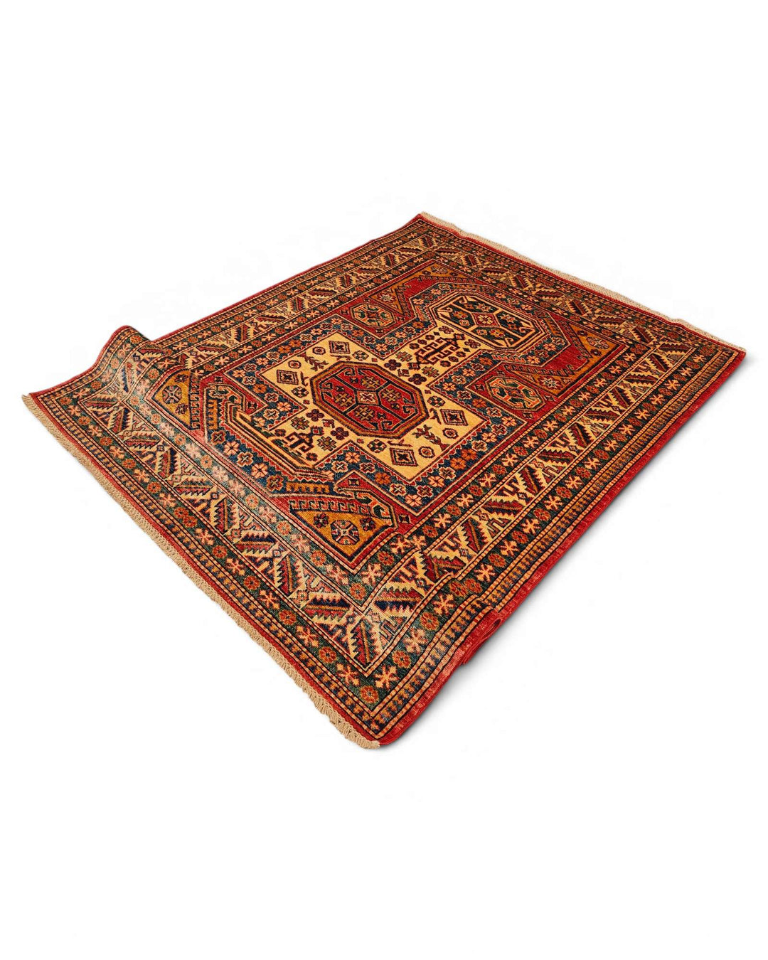 Corner of red gold octagon Kazak rug