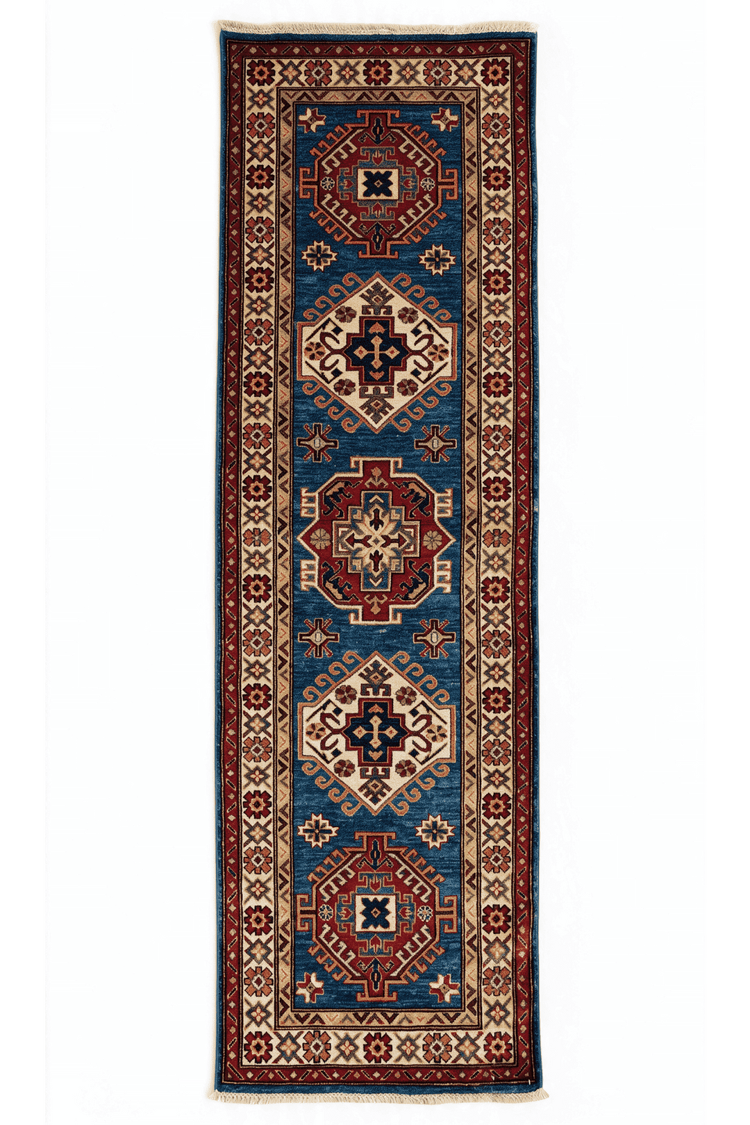 Teal blue and cream hooked medallion Kazak rug, 72×208cm