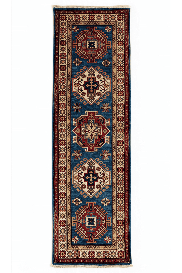 Teal blue and cream hooked medallion Kazak rug, 72×208cm