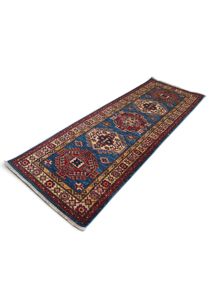 Hand-knotted wool pile of teal blue Kazak rug, 72×208cm