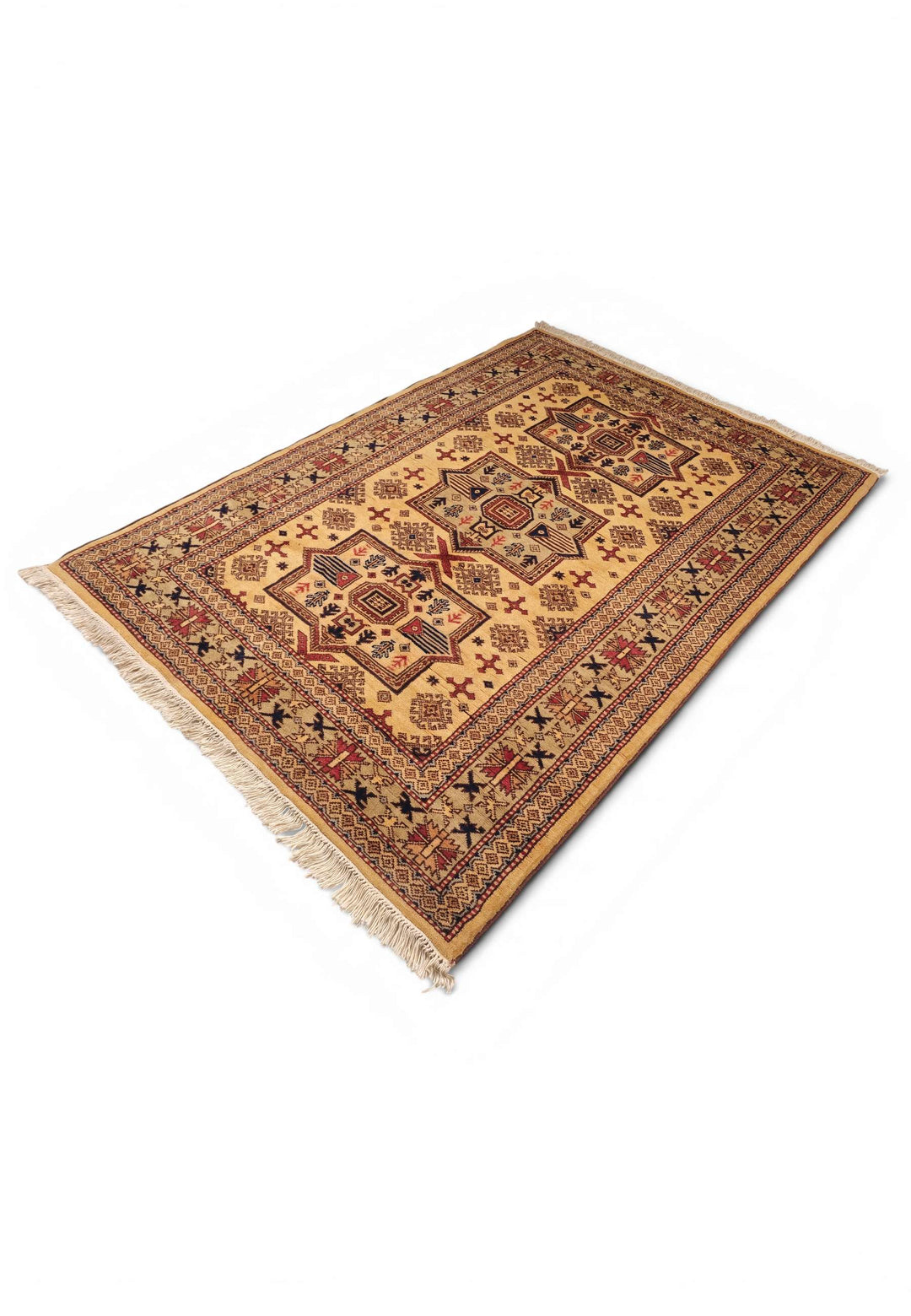 Border detail of gold Caucasian star Kazak rug