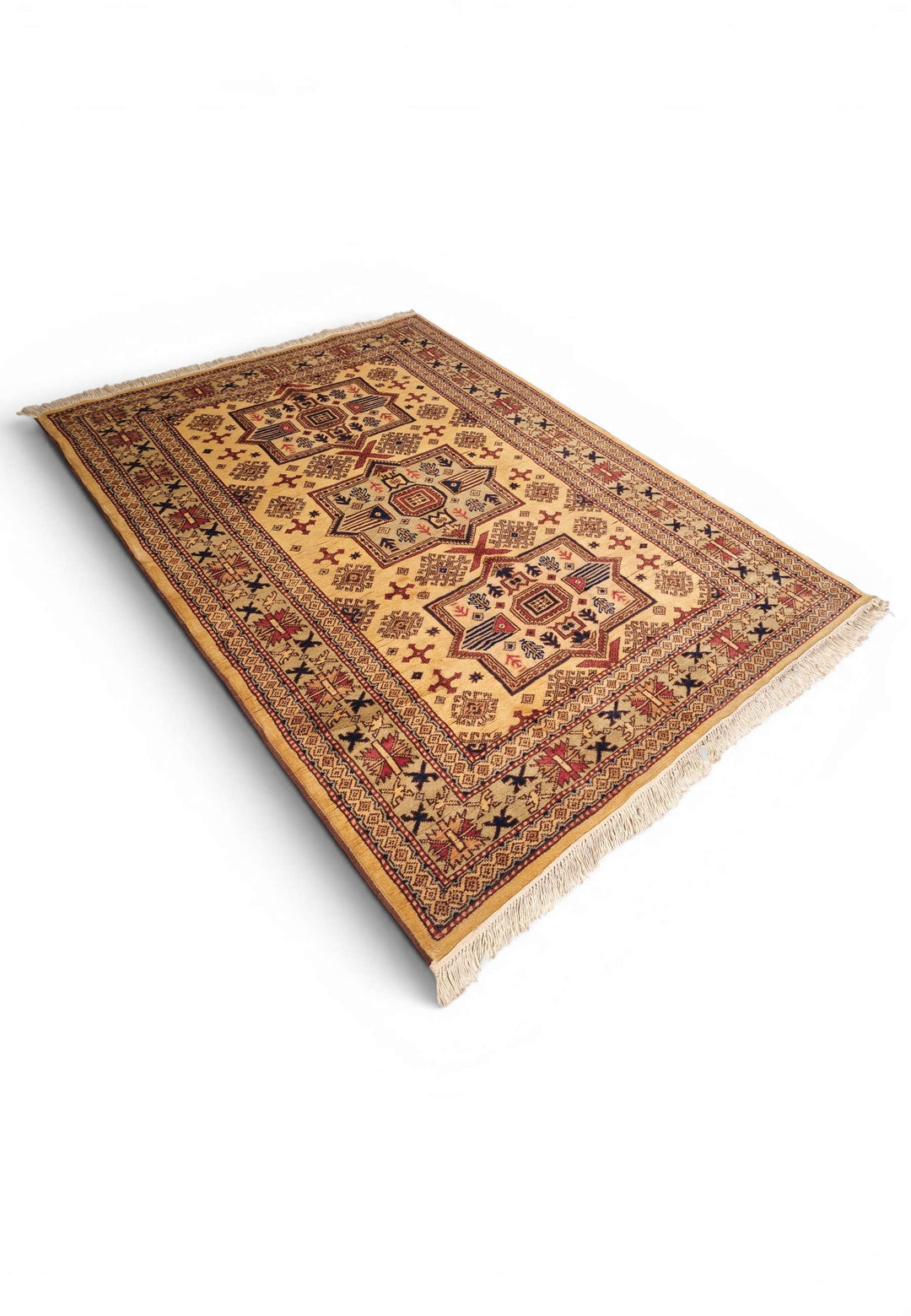 Hand-knotted wool pile of gold Kazak rug, 127×181cm