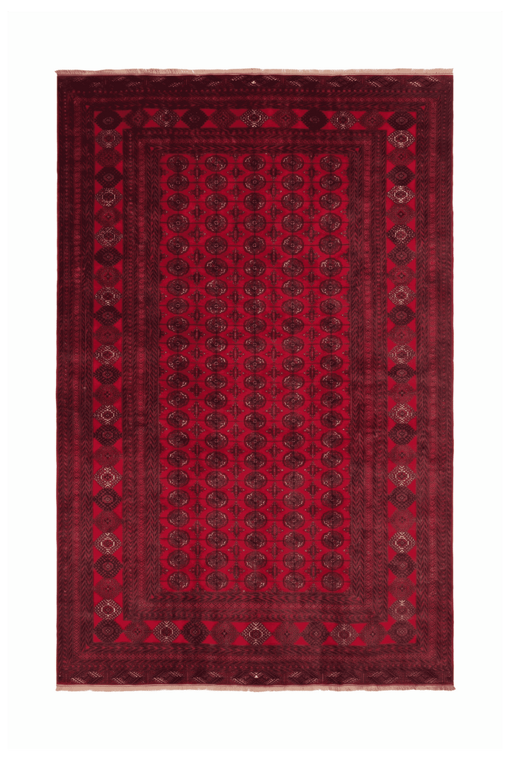 Bright red Turkmen gül Afghan hand-knotted wool rug, 200×289cm, about 3 tatami