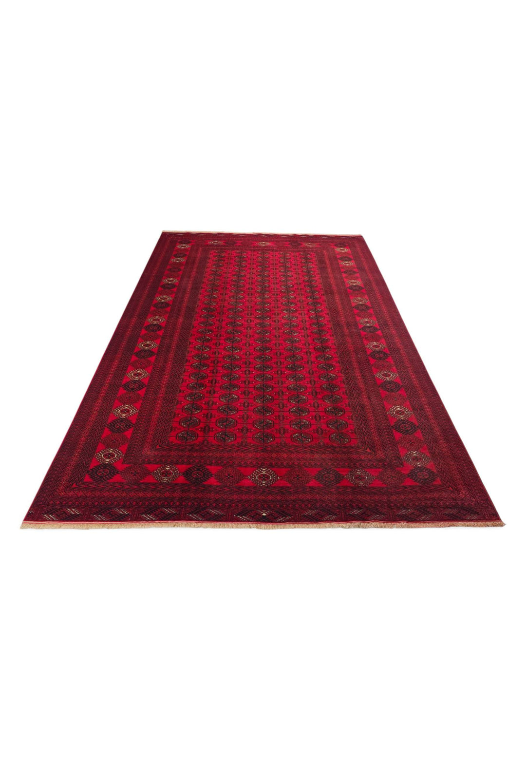 Deep border detail of bright red hand-knotted Afghan rug