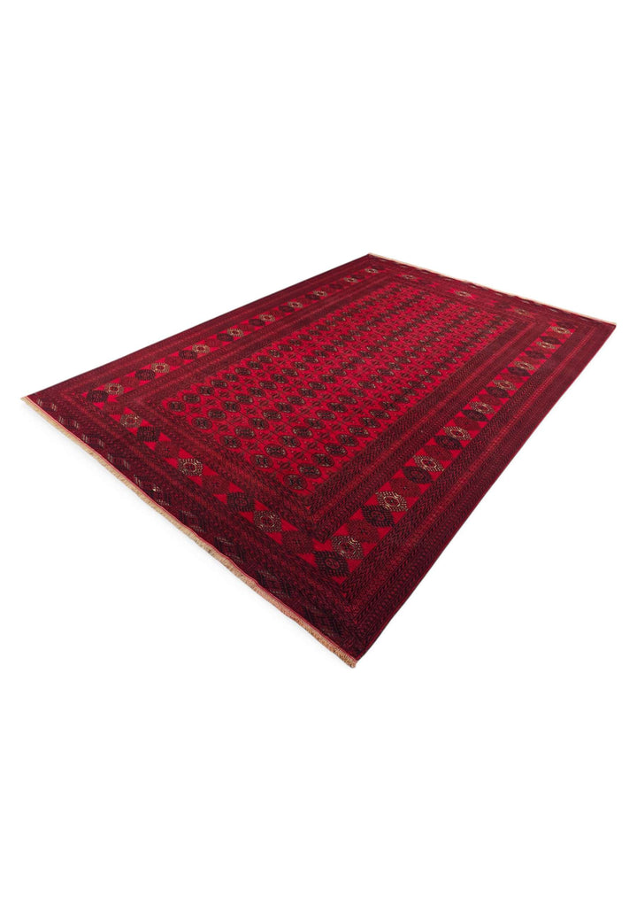 Hand-knotted wool pile of bright red Afghan rug, 200×289cm