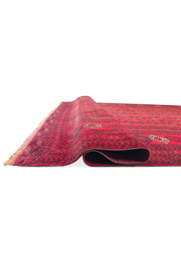 Hand-knotted bright red Afghan rug with repeating Turkmen güls