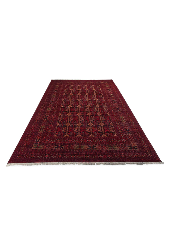 Border detail of burgundy Khal Mohammadi hand-knotted rug