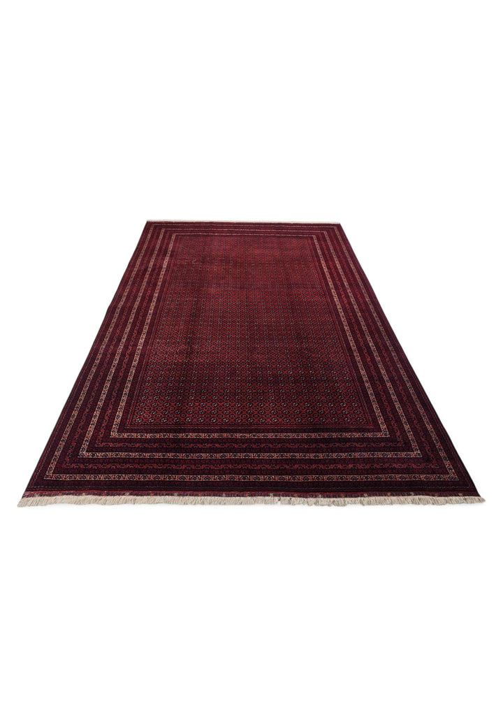 Border detail of deep burgundy Khoja Roshnai hand-knotted rug