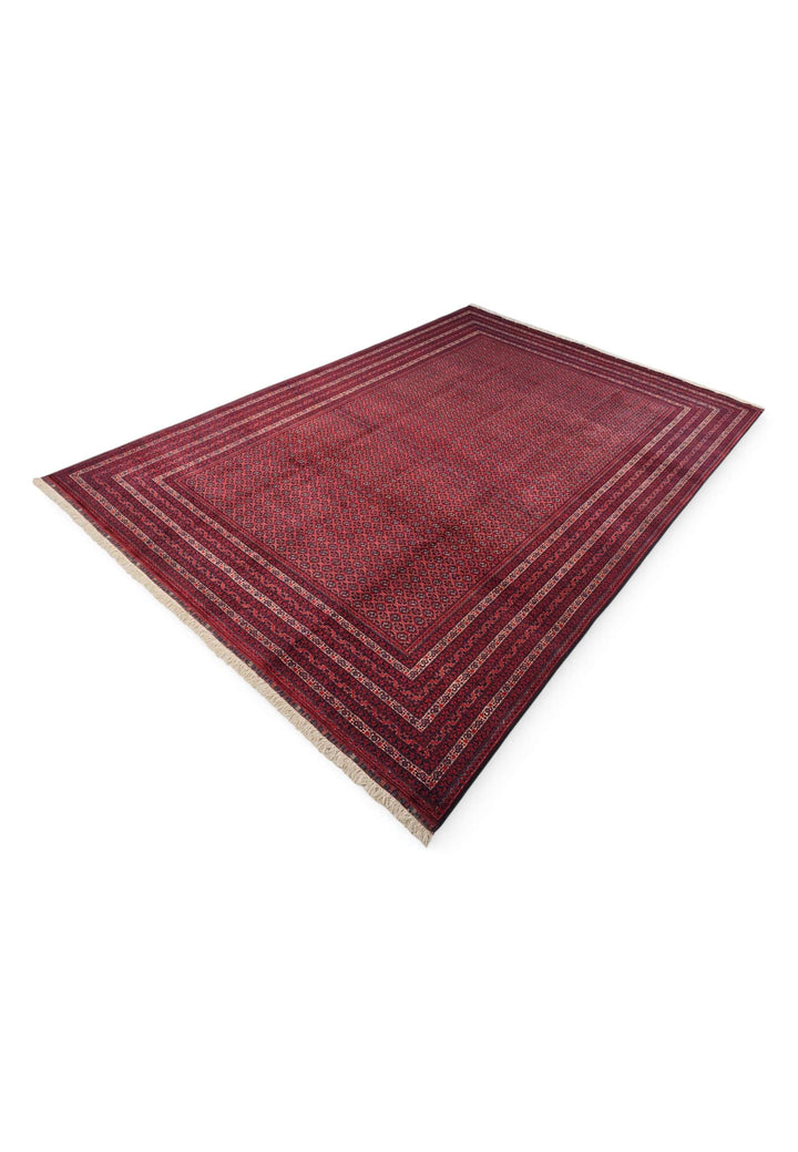 Deep burgundy Roshnai rug for a living room, about 3 tatami