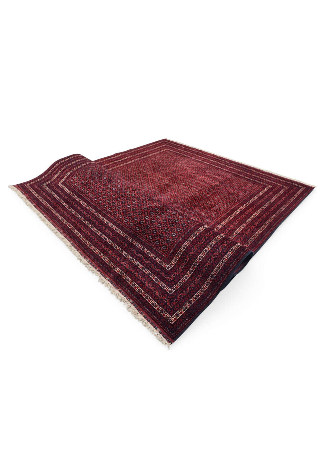 Hand-knotted burgundy Roshnai rug with Turkmen güls