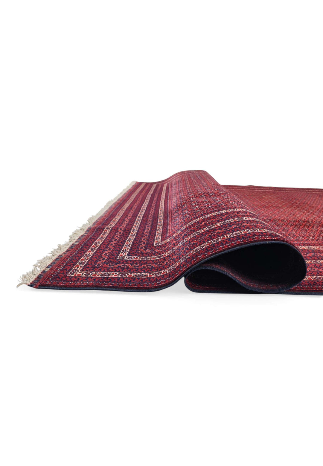 Fringe of deep burgundy Khoja Roshnai Afghan wool rug