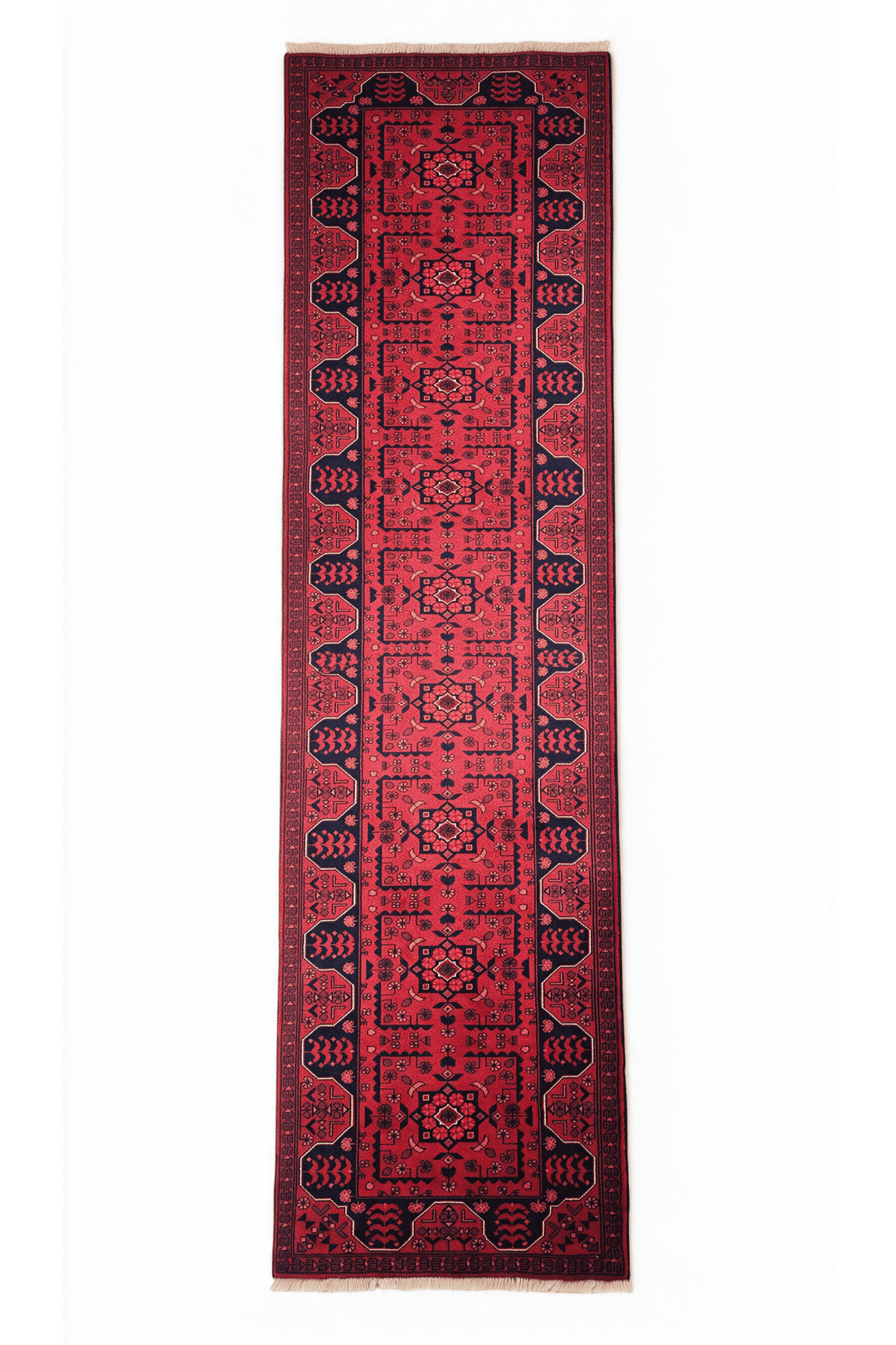 Cherry red and navy Khal Mohammadi runner, 86×377cm