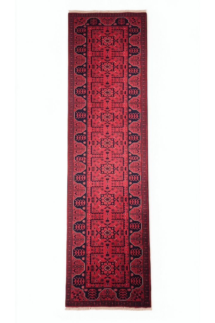 Cherry red and navy Khal Mohammadi runner, 86×377cm