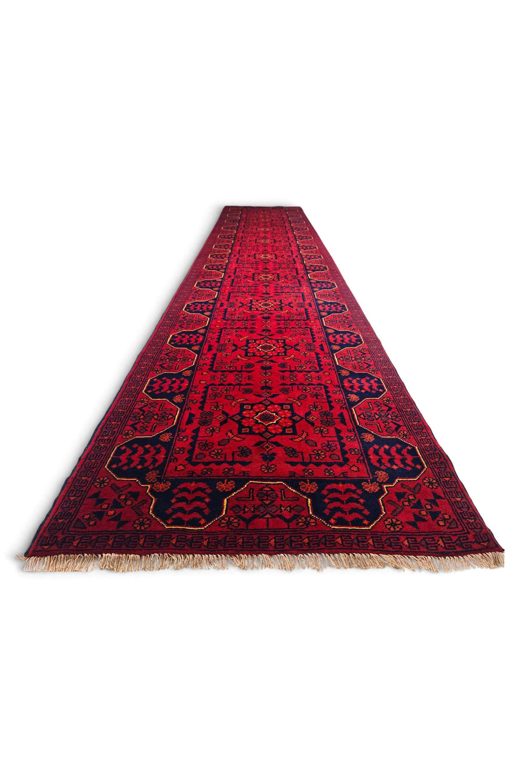 Hand-knotted wool pile of cherry red navy runner