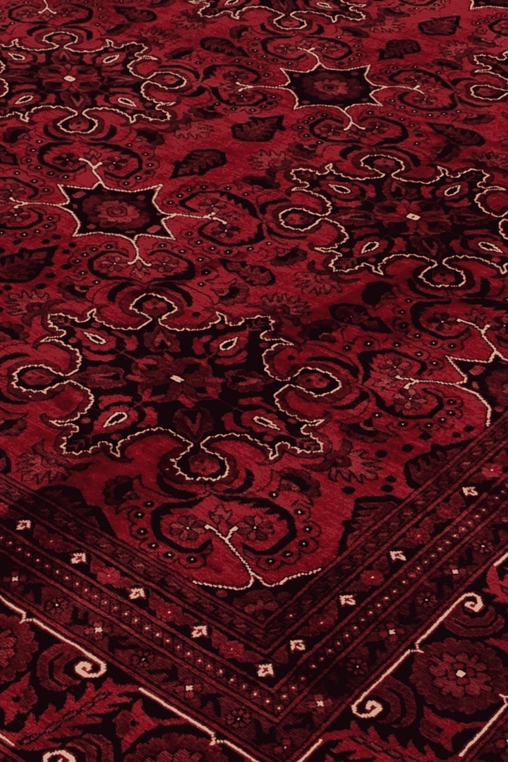 Cartouche panel detail in deep red on Khal Mohammadi rug