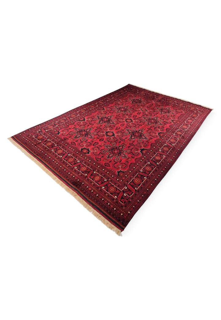 Deep red cartouche rug for a large living room, 4.5 tatami