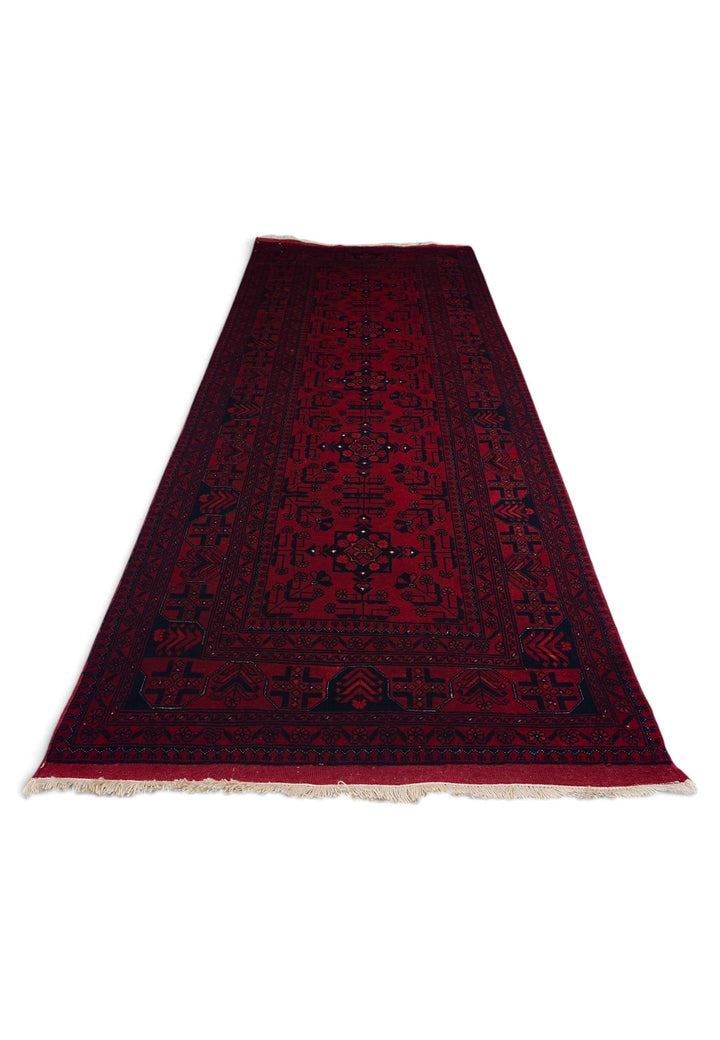 Hand-knotted wool pile of deep red diamond rug, 78×194cm