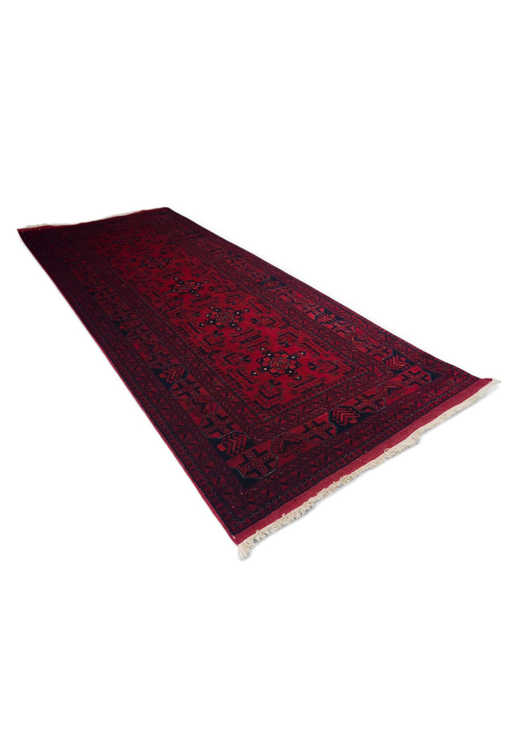 Deep red diamond medallion rug for an entrance