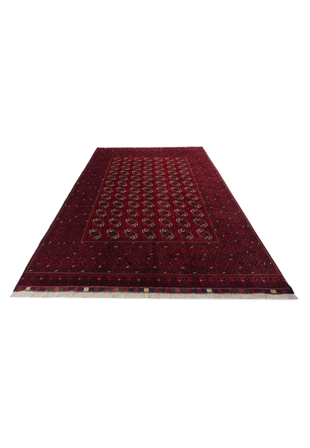 Border detail of oxblood Bashiri hand-knotted Afghan rug