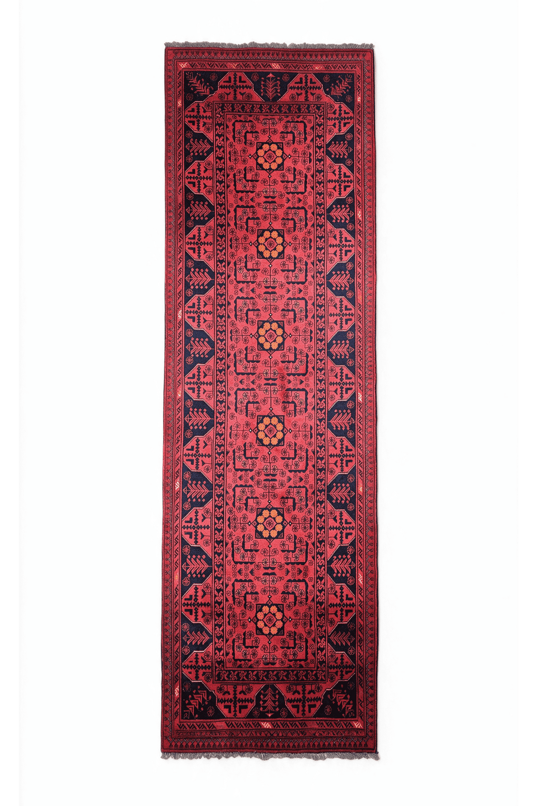 Raspberry red and navy Khal Mohammadi runner, 89×306cm