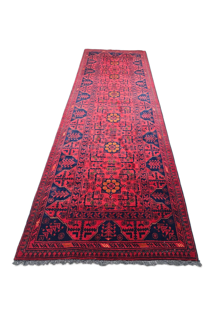 Hand-knotted wool pile of raspberry navy runner, 89×306cm