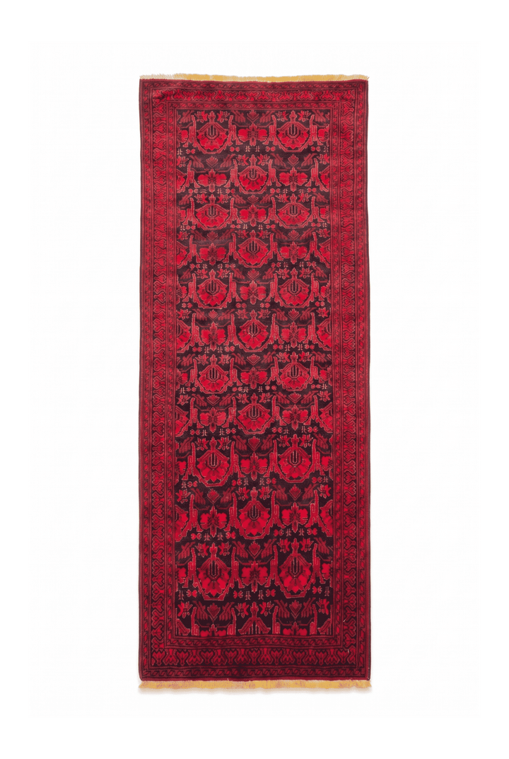 Red and black Khal Mohammadi rug, 76×186cm, entrance mat size