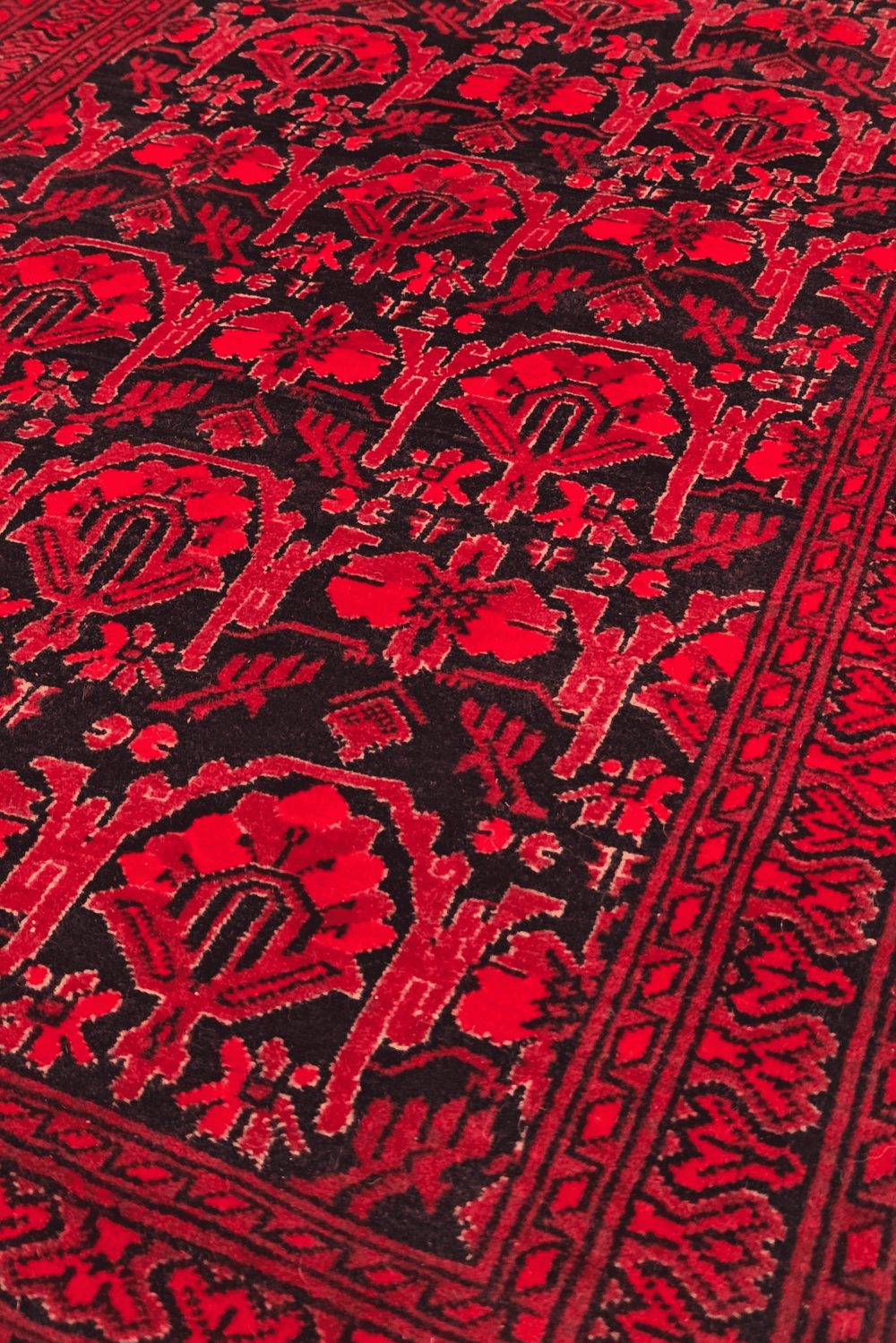 Pattern detail in red and black on Khal Mohammadi rug, 76×186cm