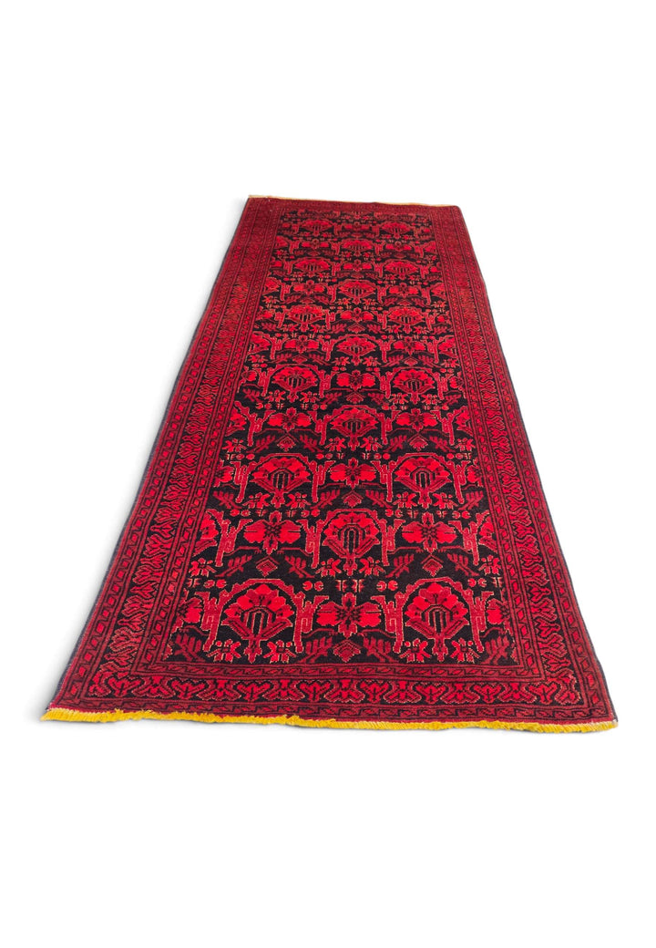Hand-knotted wool pile of red black rug, 76×186cm
