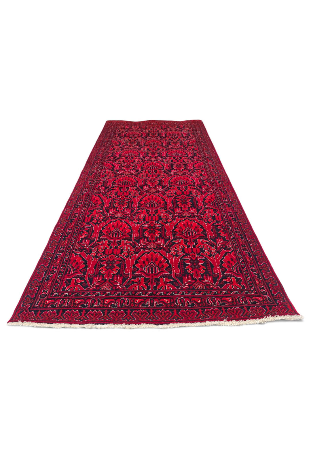 Hand-knotted wool pile of red black rug, 78×188cm