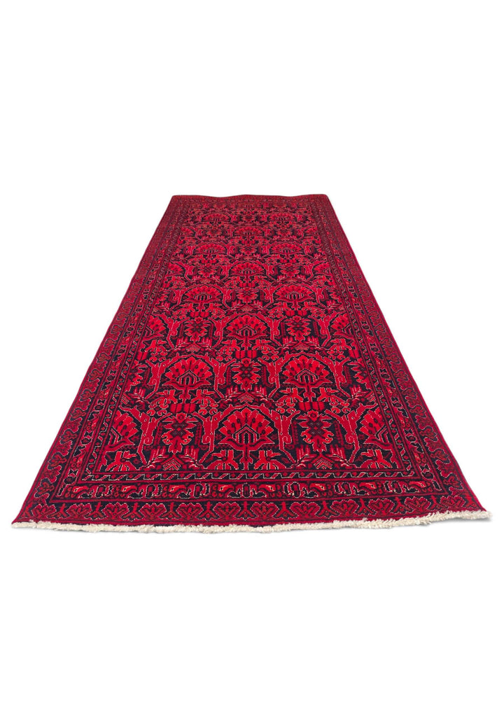 Hand-knotted wool pile of red black rug, 78×188cm