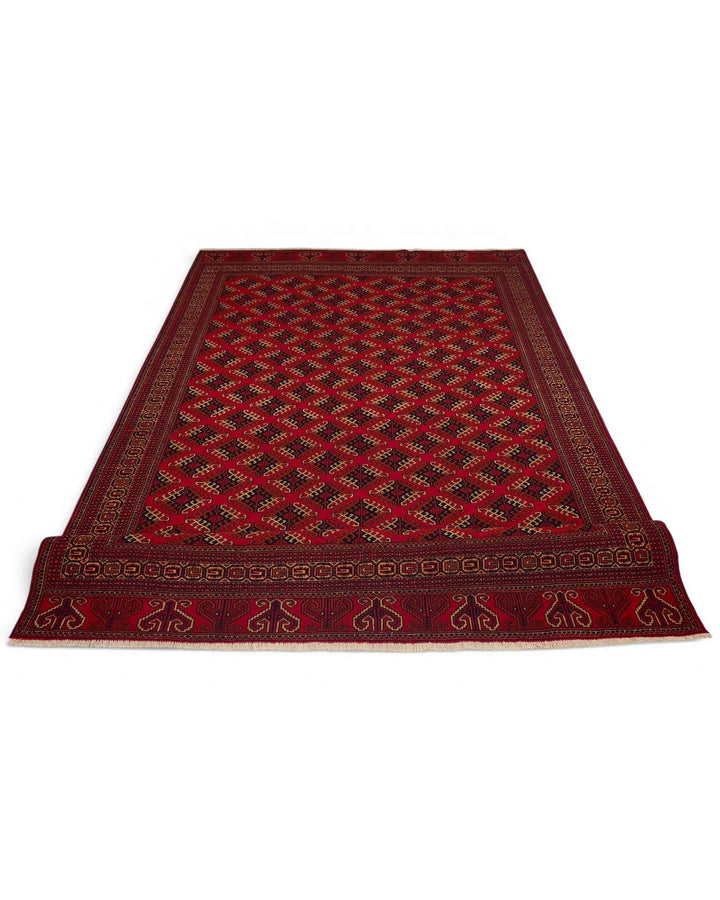 One-of-a-kind red Saryk Turkmen Afghan Sherwan rug