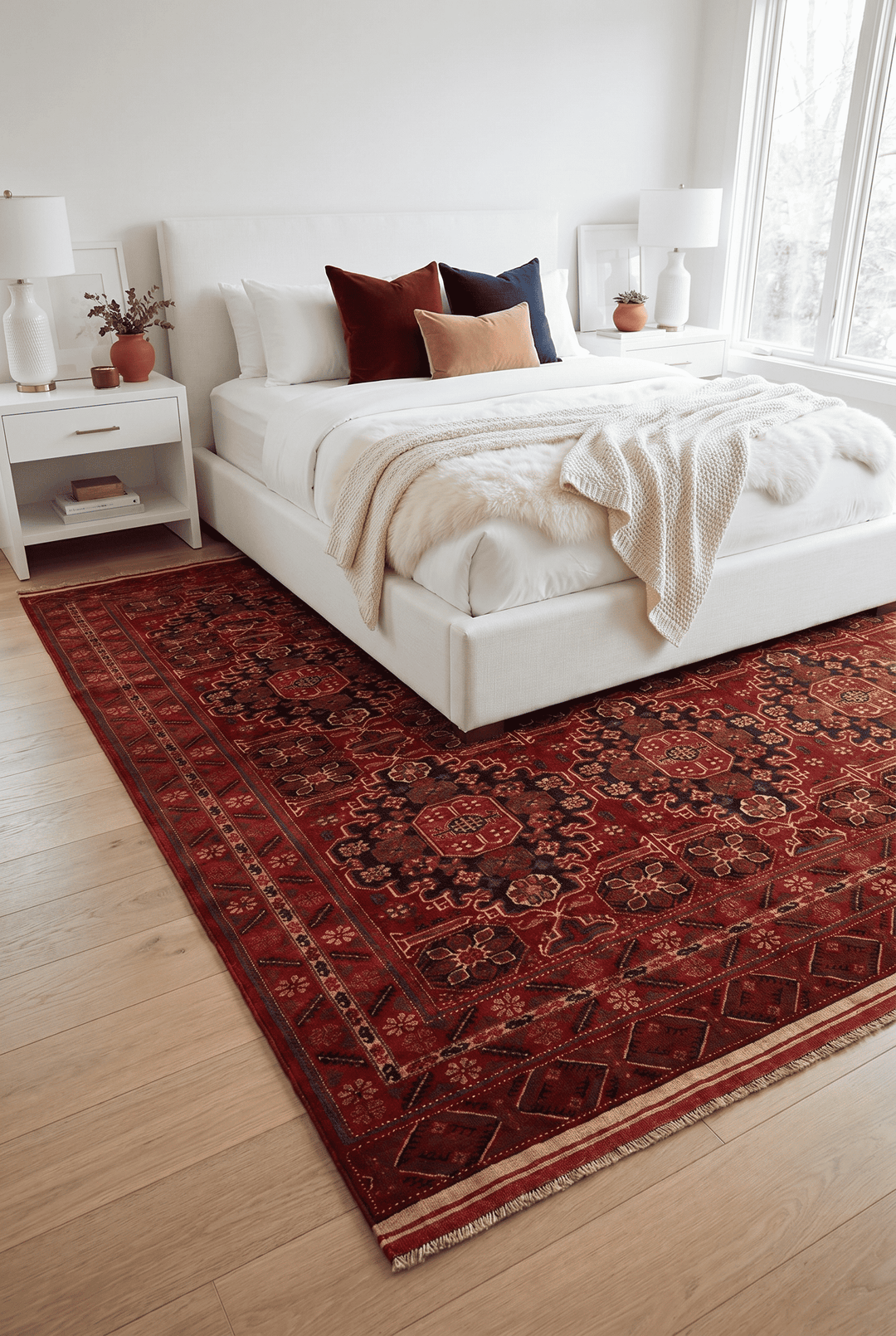 Ersari Turkmen gül motifs in red on Afghan Sherwan rug