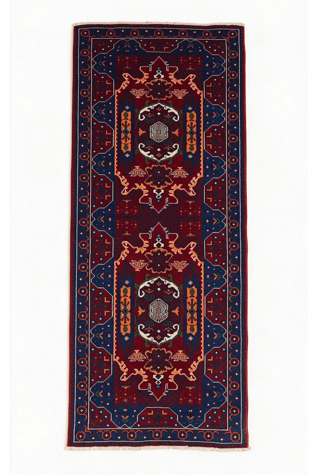 Red and blue Khal Mohammadi rug, 75×193cm, entrance mat size