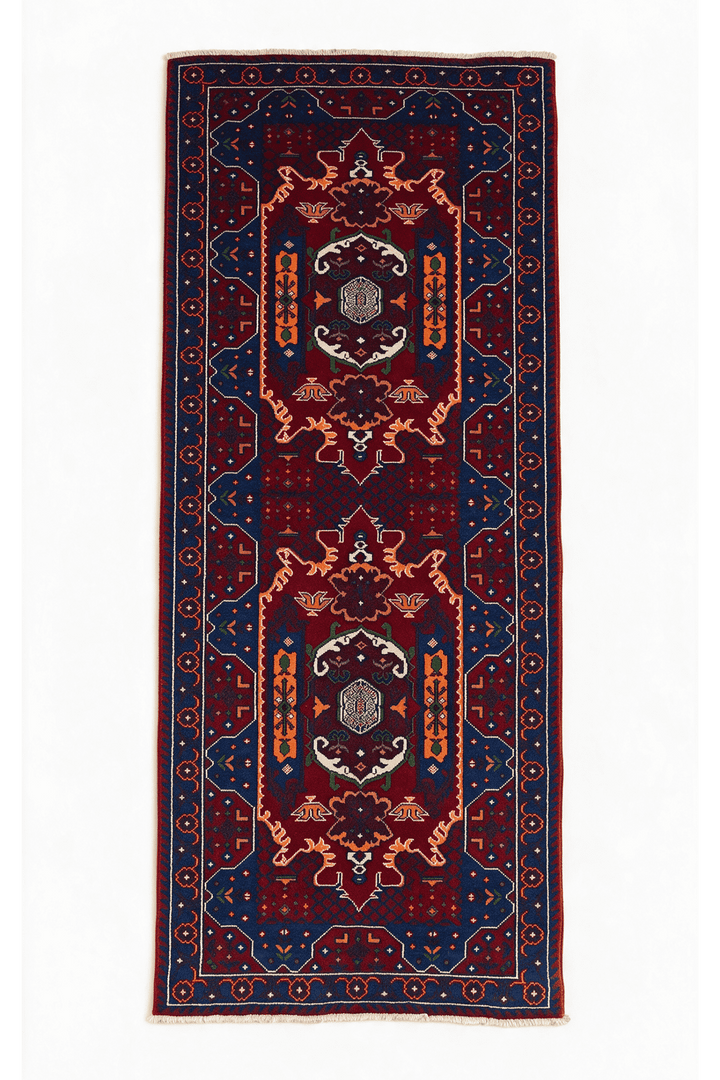 Red and blue Khal Mohammadi rug, 75×193cm, entrance mat size